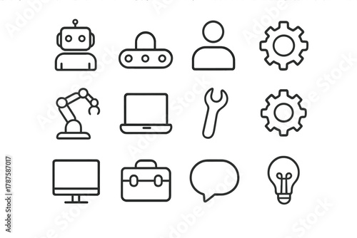 Smart Factory Icon Set. Smart factory co-workers. Line outline icon set of smart factory co-workers: robot,
