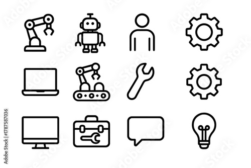 Robotic Assistance Icons. Robotic assistance. Line outline icon set of robotic assistance: robotic arm, robot,