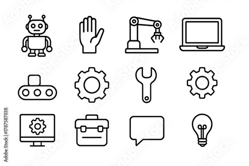 Co-working Robotics Icons. Co-working robotics lab. Line outline icon set of co-working robotics lab: robot,