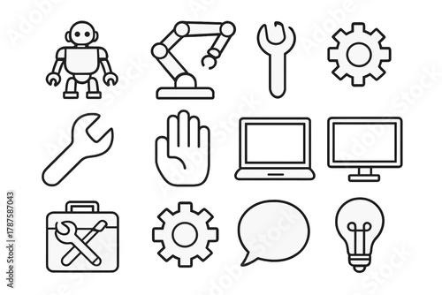 Industrial Robotics Icons. Industrial robotics. Line outline icon set of industrial robotics: robot, robotic