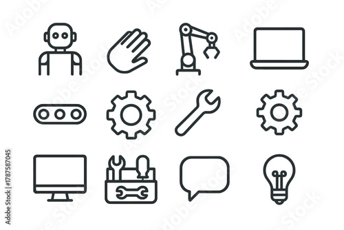 Robotics Lab Icons. Co-working robotics lab. Line outline icon set of co-working robotics lab: robot, human