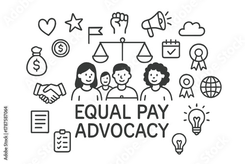 Equal Pay Campaign. Equal Pay Advocacy. Hand-drawn doodle illustration of Equal Pay Advocacy. In the middle,