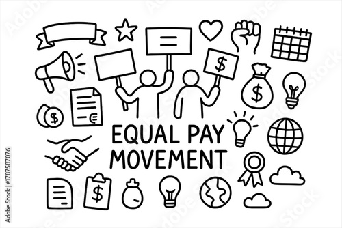Equal Pay Doodle. Equal Pay Movement. Hand-drawn doodle illustration of Equal Pay Movement. In the middle, one