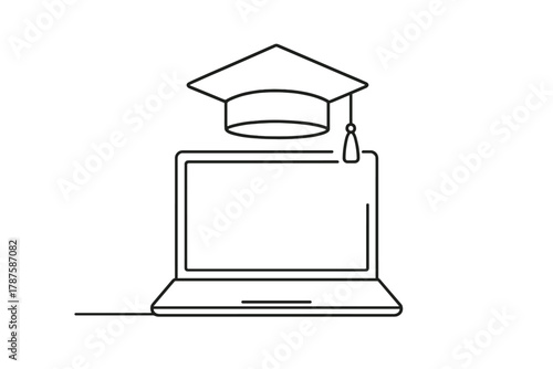 Laptop Graduation Icon. Remote Certification Programs. Minimalistic one-line drawing laptop with graduation