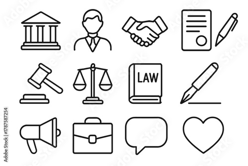 Community Legal Icons. Community legal aid. Line outline icon set of community legal aid: courthouse, lawyer,