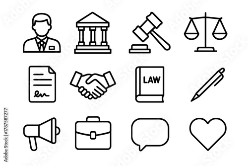 Public Legal Icons. Legal representation for the public. Line outline icon set of legal representation for the