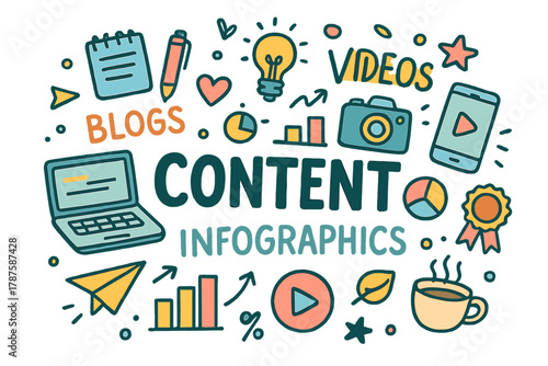 Creative Content Doodles. Content marketing through blogs, videos, and infographics. Hand-drawn doodle