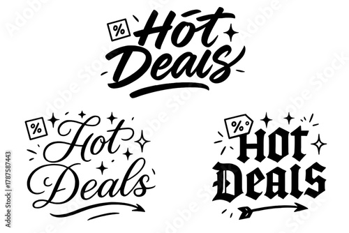 Dynamic Calligraphy Designs. Hot Deals. Create a calligraphy lettering illustration of the phrase: Hot Deals.