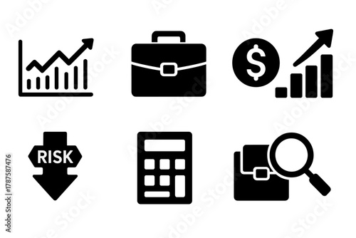 Hedge Fund Icons. Hedge Funds. Filled icon set of Hedge Funds: stock chart, briefcase, dollar sign, bar graph,