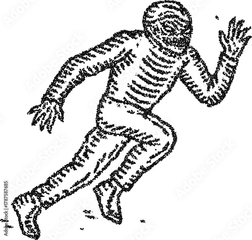 Stipple dotwork mummy sprinter wrapped in bandage, vintage engraving vector illustration for halloween, mythology, apparel graphics, and editorial use