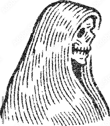 Stipple dotwork grim reaper skull in flowing hooded shroud, vintage engraving vector illustration for occult apparel, halloween poster, and logo design