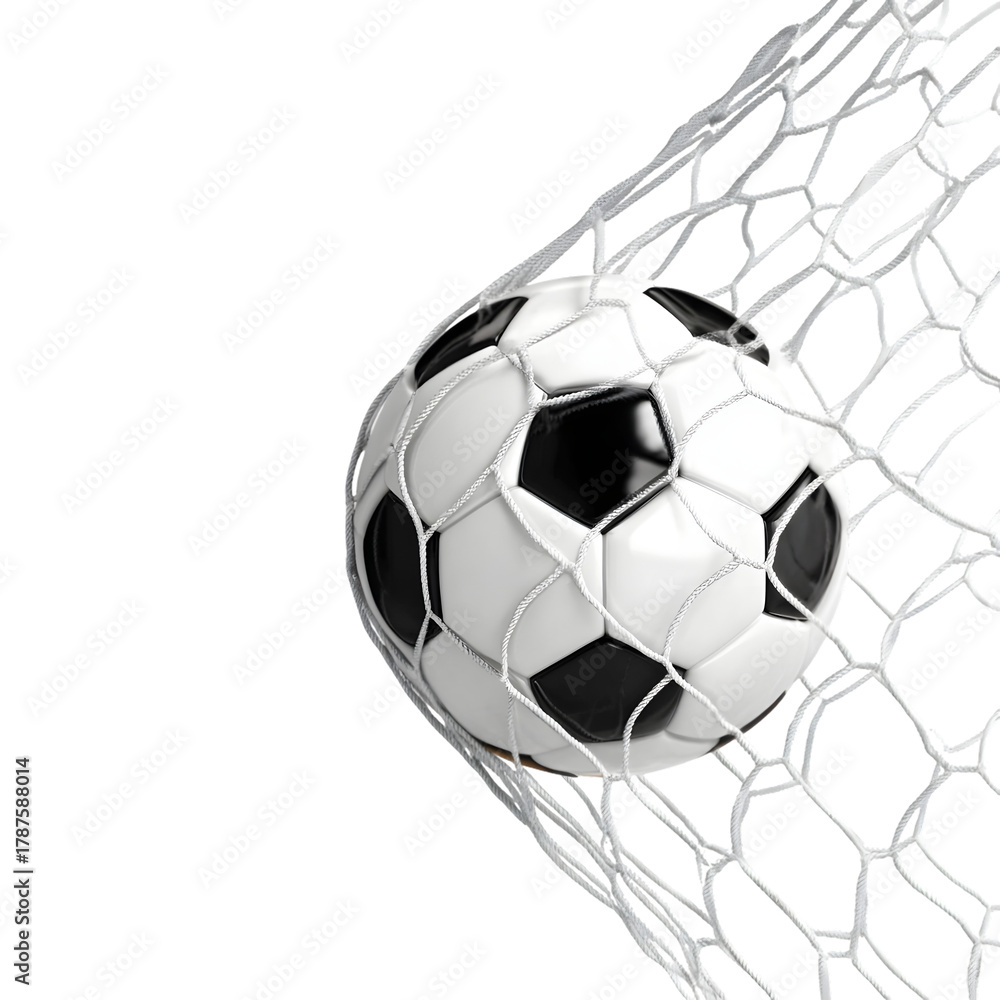 Fototapeta premium Dynamic soccer ball perfectly captured mid goal celebration, showcasing winning moment and ultimate sports achievement with thrilling victory.