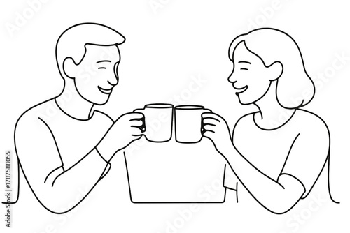 Cheers with Coffee. Shared Moments. Minimalistic one-line drawing two friends clinking coffee cups together,