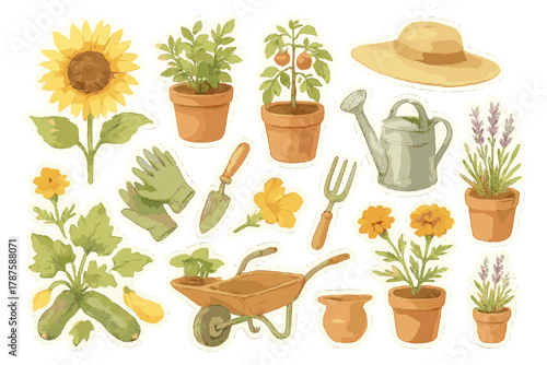 Watercolor Gardening Stickers. Summer Bloom. Realistic hand-painted watercolor style sticker sheet of summer