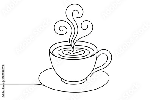 Minimalist Latte Art. Artisan Coffee. Minimalistic one-line drawing cup with latte art steam swirls,