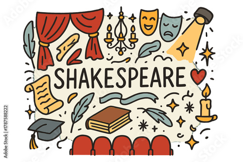 Shakespearean Doodle Performance. Shakespearean performance. Hand-drawn doodle illustration of Shakespearean