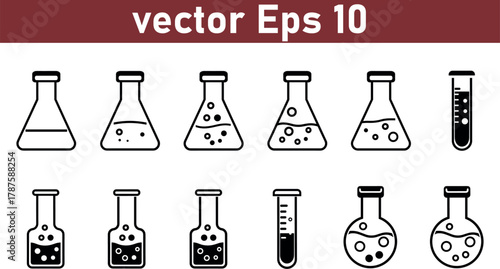 Erlenmeyer flask chemistry beaker icon set. Vector graphic illustration. Suitable for website design, logo, app, template, and ui.test tube, ampoule, laboratory, 