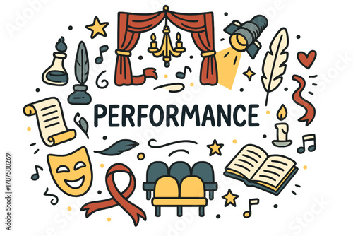 Classic Stage Doodle. Classic performance. Hand-drawn doodle illustration of classic performance. Stage, mask,