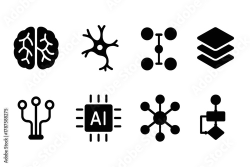 Neural Network Icons. Neural Networks. Filled icon set of Neural Networks: brain, neuron, synapse, layers