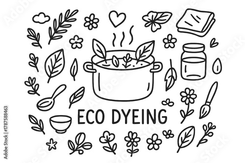 Eco Dyeing Doodle. Eco Dyeing. Hand-drawn doodle illustration of Eco Dyeing. In the middle, one slightly