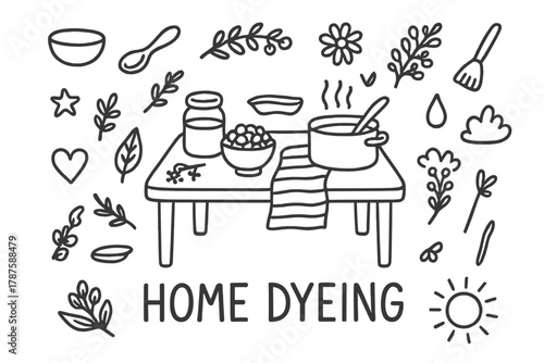Home Dyes Illustration. Home Dyeing. Hand-drawn doodle illustration of Home Dyeing. In the middle, one