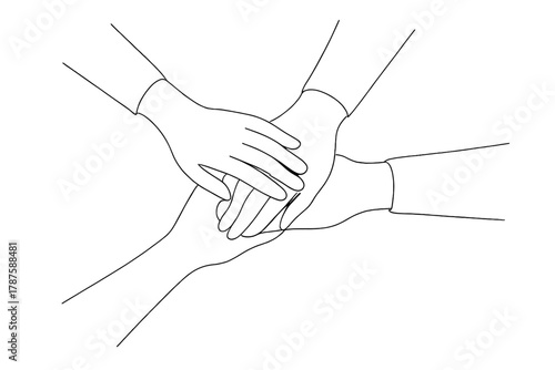 Unity in Lines. Collaboration. Minimalistic one-line drawing hands of different people joining together over a