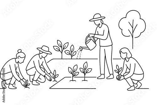 One-Line Community Garden. Shared Resources. Minimalistic one-line drawing community garden with people