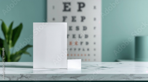 A minimalist ophthalmology examination room scene featuring a blank card on a marble table.