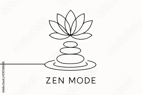 Minimalist Lotus Harmony. “Zen Mode”. Minimalistic one-line drawing of a lotus flower with stacked stones and