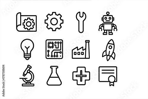 Engineering Icon Set. Engineering patents. Line outline icon set of engineering patents: blueprint, gear,