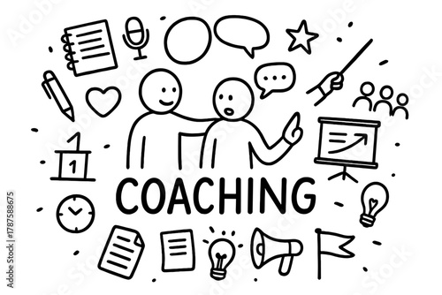 Coaching Doodle Illustration. Coaching. Hand-drawn doodle illustration of Coaching. In the middle, one