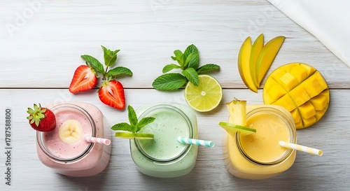 Refreshing vibrant fruit smoothies assortment overhead view, healthy drinks