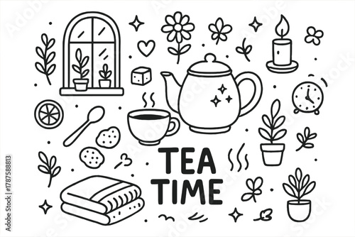 Cozy Tea Illustration. Tea Time. Hand-drawn doodle illustration of cozy tea moment near window. In the middle,