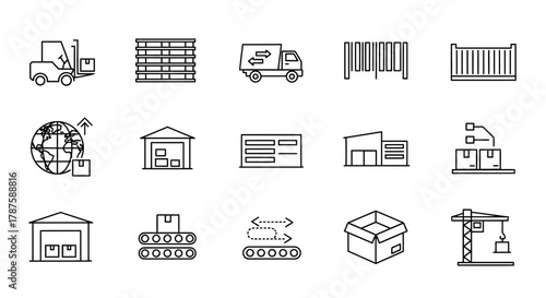 Dynamic logistics icons showcasing global shipping, warehousing, and delivery operations for modern supply chain visualization.