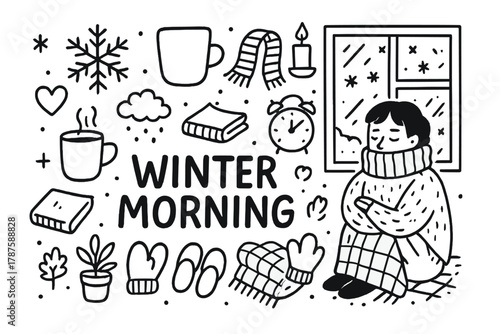 Cozy Winter Doodle. Winter Morning. Hand-drawn doodle illustration of person wrapped in sweater near frosty