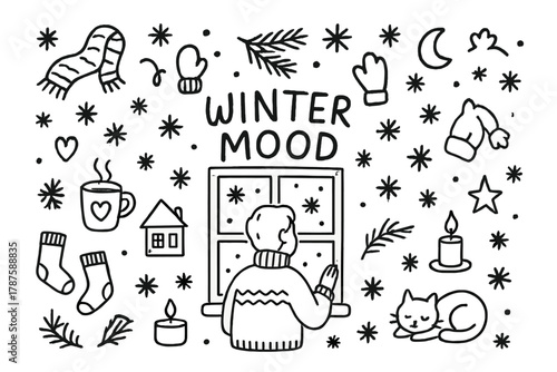 Winter Doodle Scene. Winter Mood. Hand-drawn doodle illustration of person wearing sweater gazing through