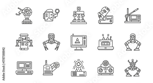 Discover a dynamic collection of modern robotic and automation icons essential for technology, industry, and innovation projects