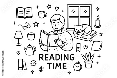 Cozy Reading Doodles. Reading Time. Hand-drawn doodle illustration of person reading a book in cozy sweater