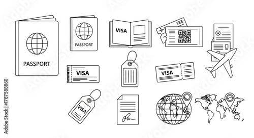 Essential travel documents and icons including passports visas boarding passes luggage tags and world maps for global journeys