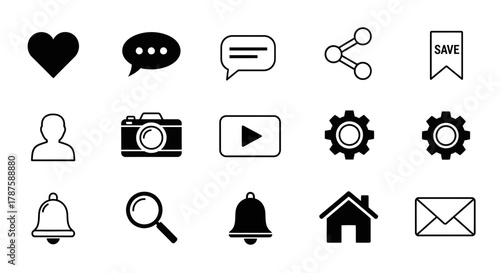 Modern collection of essential digital interface icons for apps, websites, and social media platforms