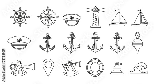 Discover nautical adventure with this collection of classic maritime icons including ships, anchors, compasses, and lighthouses for your next project
