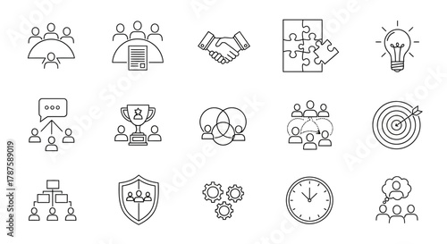 Dynamic business icons representing teamwork, strategy, success, and innovation for modern professional presentations and projects
