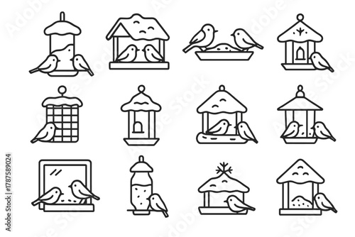 Snowy Bird Feeders Icons. Winter Birds and Feeders. Line outline icon set of snowy feeders and small birds: