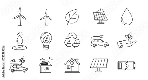 Discover sustainable energy solutions with icons for wind power, solar panels, electric cars, and green living, perfect for eco-conscious projects.