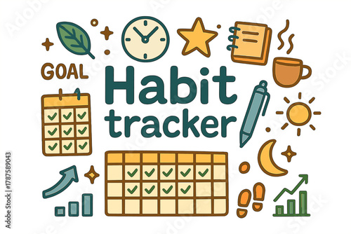 Colorful Habit Tracker. Habit tracker. Hand-drawn doodle illustration of habit tracker. Calendar grid,