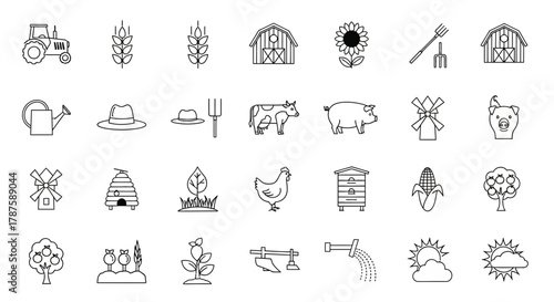 Charming farm icons depicting tractors, livestock, crops, and rural life, perfect for agricultural themes and country branding.