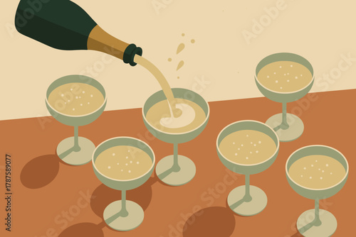 Champagne Vintage Celebration. minimalist flat illustration of champagne pouring into multiple glasses on a