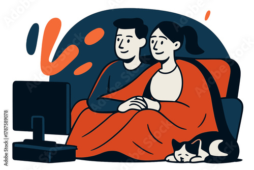 Cozy Evening Retreat. Evening warmth. A couple sits together under a shared blanket, TV glow forming abstract