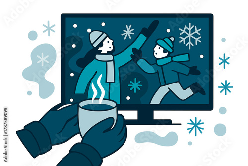 Cozy Winter Retreat. Snowy night indoors. Gloved hands hold a warm drink while the TV screen glows with soft