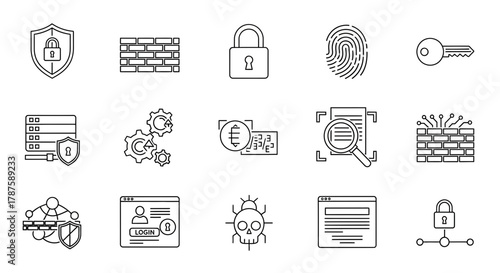 Comprehensive cybersecurity icons offer protection, access control, data security, and threat detection for digital safety solutions and network defense